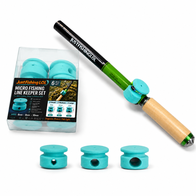 JustFishingLOL Micro Fishing Line Keeper Set with package and six foam line keepers