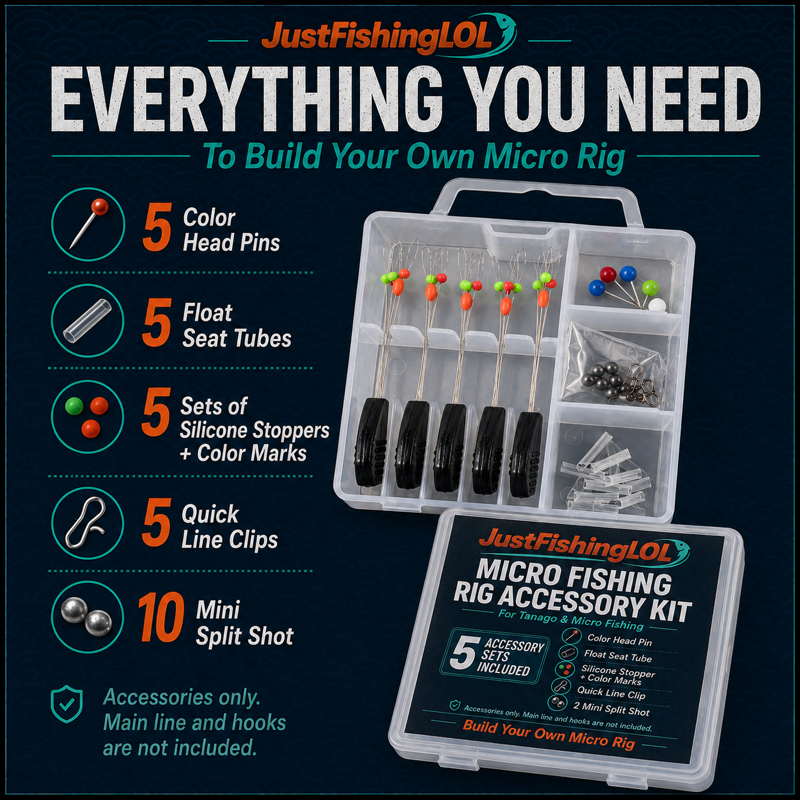 JustFishingLOL DIY micro fishing rig accessory kit infographic showing component quantities