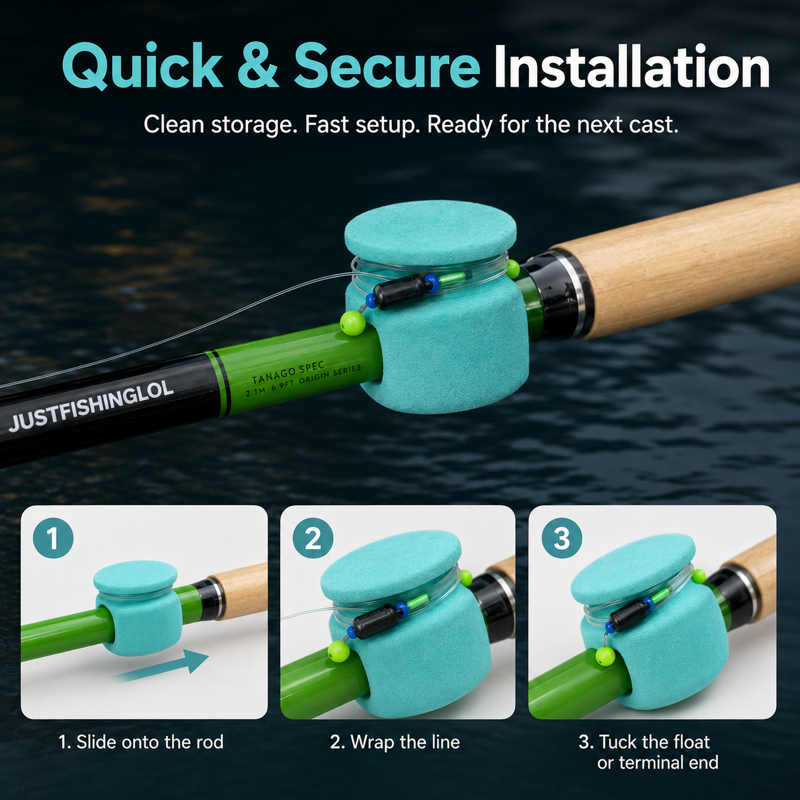 Three-step guide showing a micro fishing line keeper sliding onto a rod and holding line
