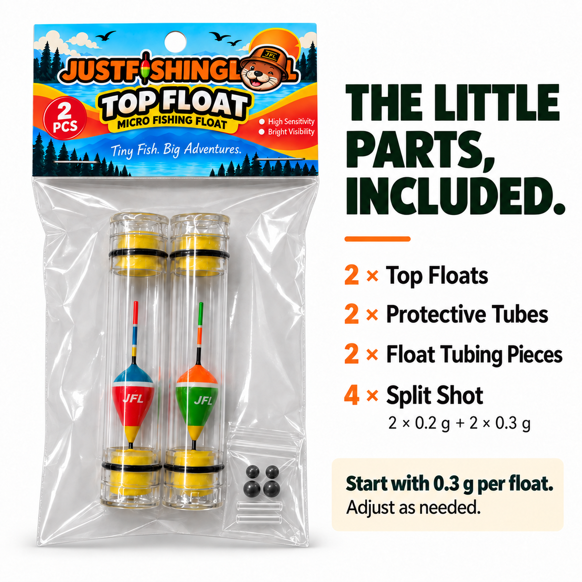 Top Float two-pack with two protective tubes, two float tubing pieces and four split shot weights: two 0.2 g and two 0.3 g.