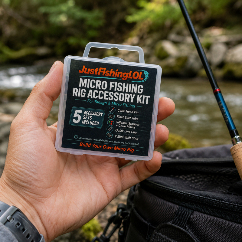 Compact micro fishing rig accessory kit held beside a creek with fishing rod shown for context