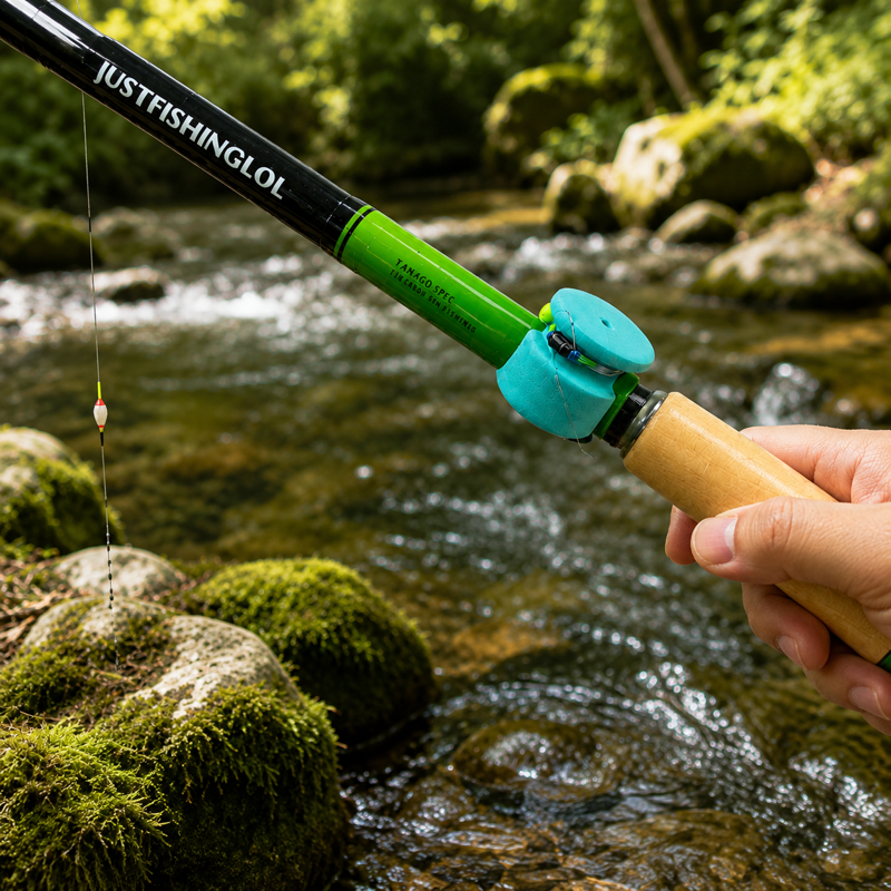 Aqua micro fishing line keeper mounted on a tanago-style fixed-line rod beside a stream