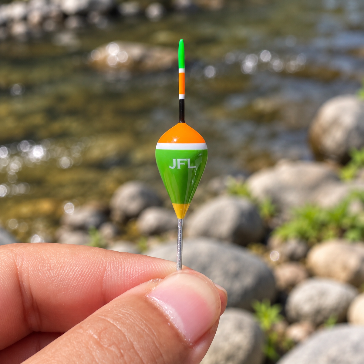 Handheld close-up of the orange and green Top Float with its marked tip and JFL logo.