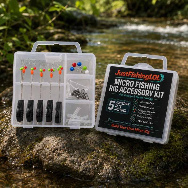 Micro Fishing Rig Accessory Kit displayed outdoors beside a stream with packaging and small components