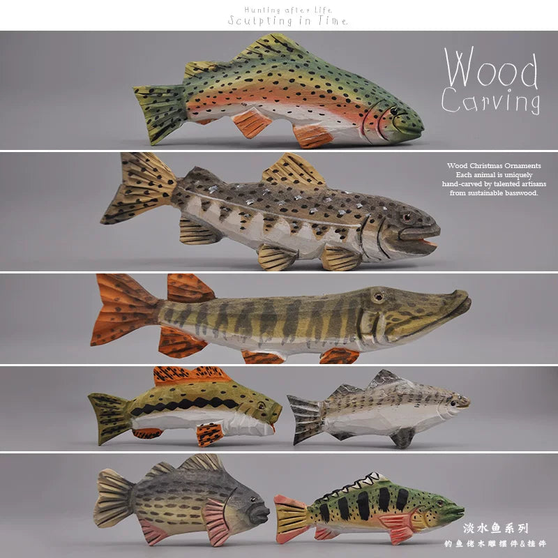 Handmade Solid Wood Fish Carvings – 7 Freshwater Species, Angler Ornament & Pendant