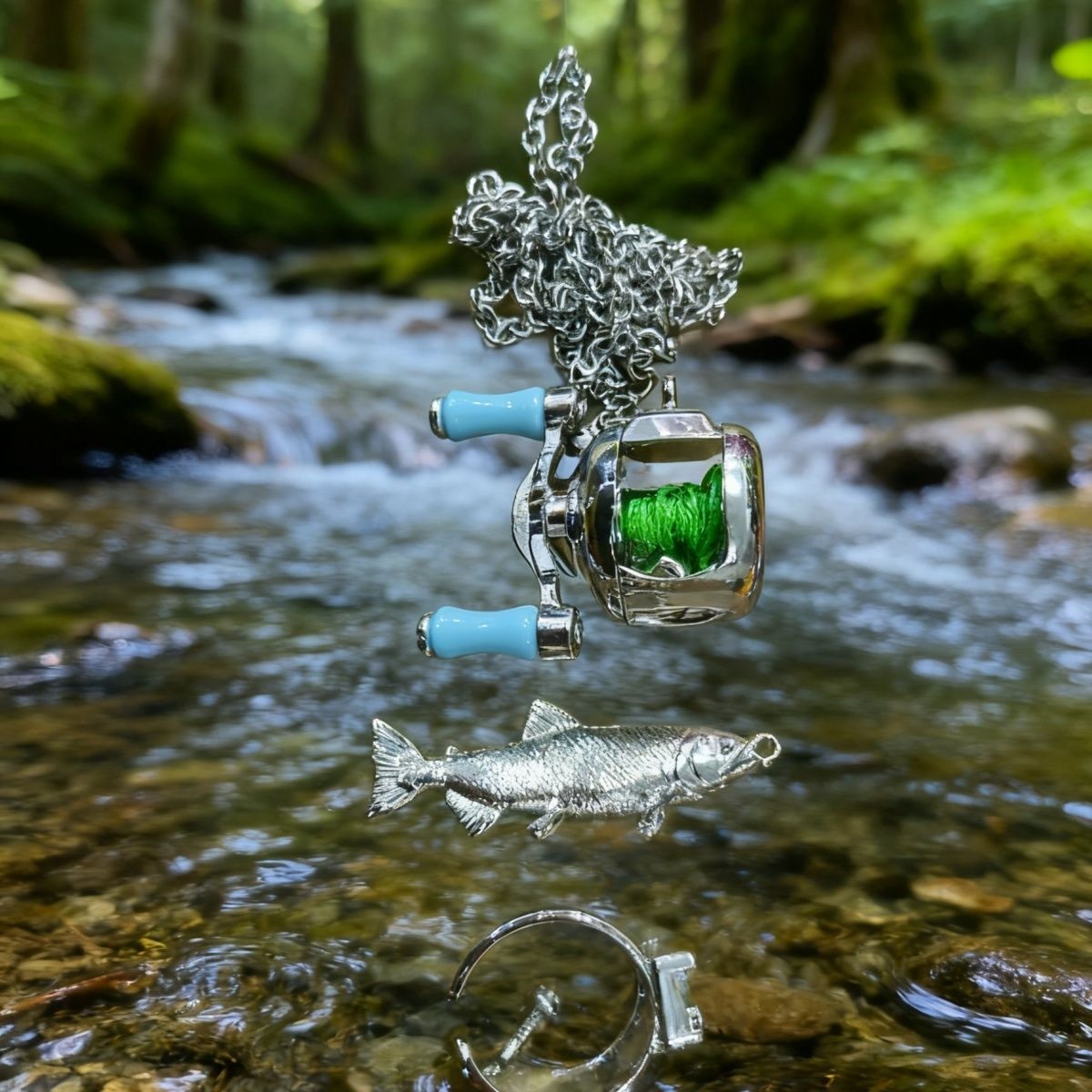 Miniature "Spinning" Fishing Reel Jewelry - 2-in-1 Necklace & Ring Accessory