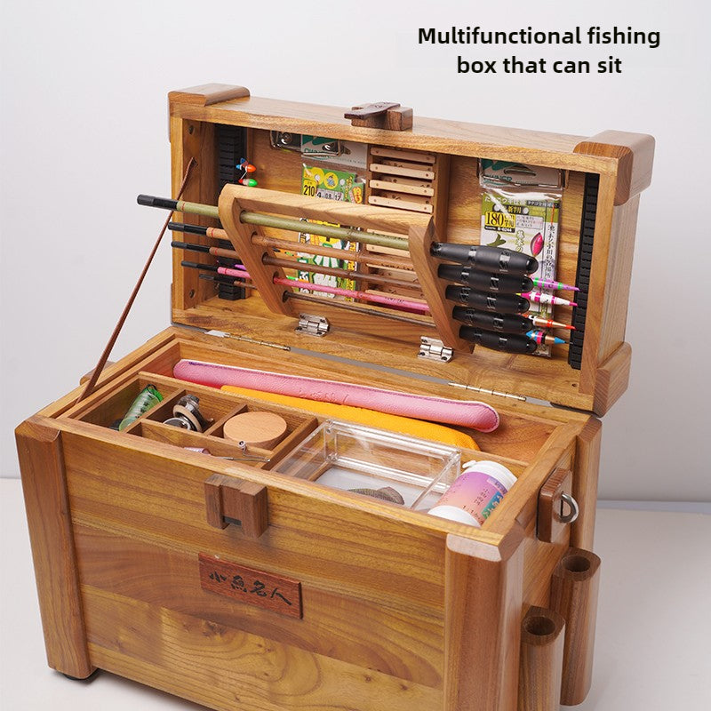 Natural solid wood handmade small object fishing special fishing box, can seat fishing box