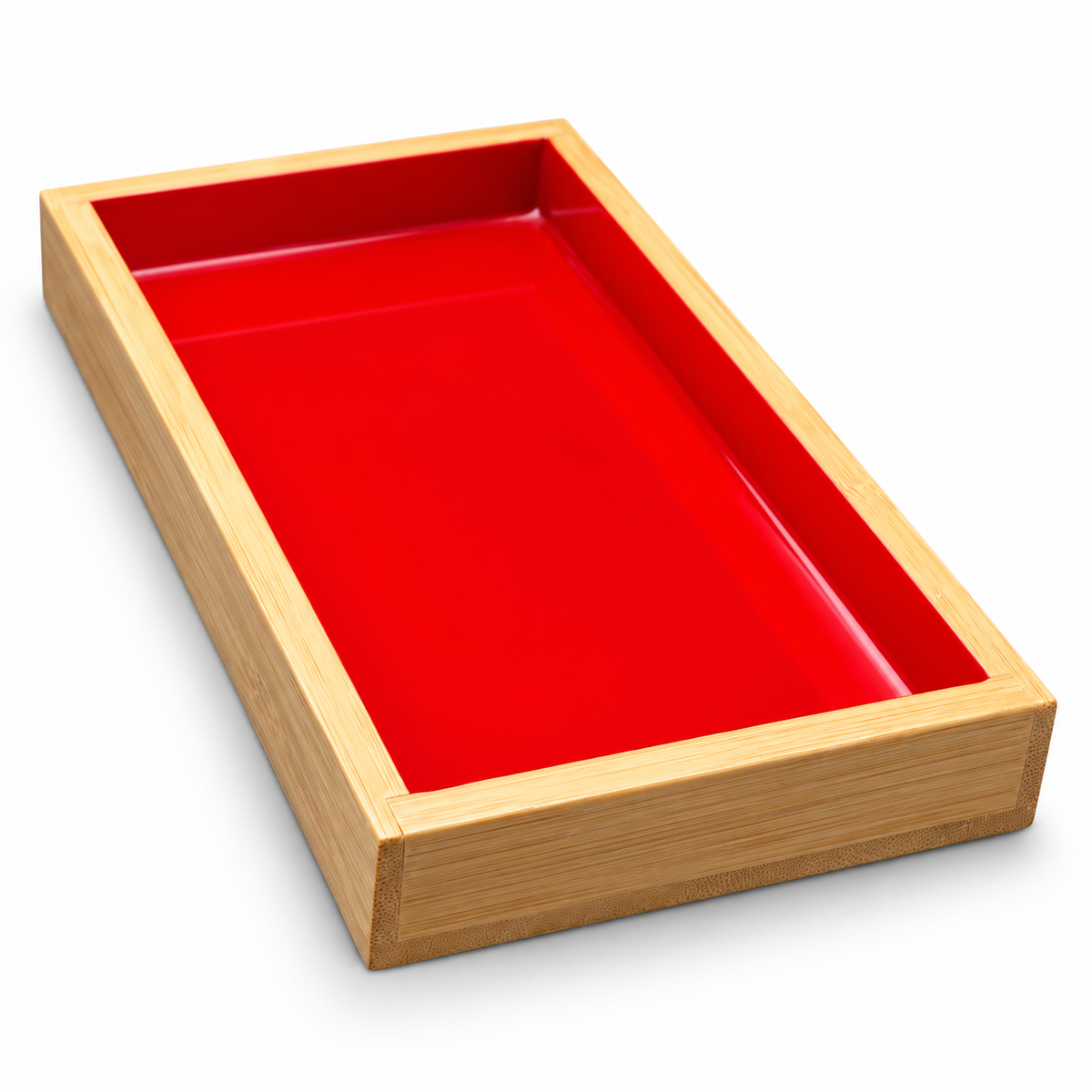 Plain red handmade urushi fish viewing box on a white background; AI-retouched from supplied photographs