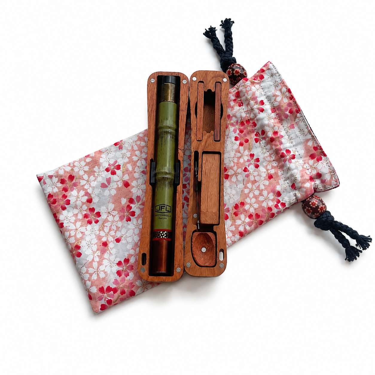 Sao Tabi green rod with red Japanese pouch and wooden case