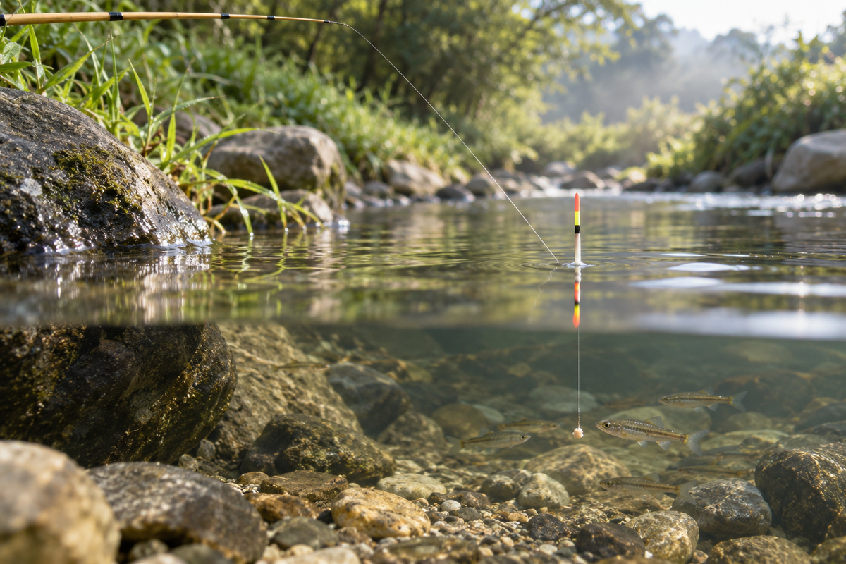 Sensitive micro fishing float standing in a shallow creek above a tiny baited hook and small freshwater fish