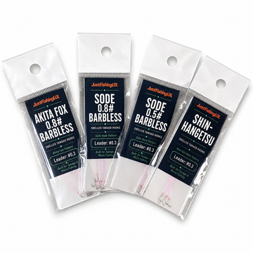 Four JFL-recommended pre-tied tanago hook patterns in retail packaging