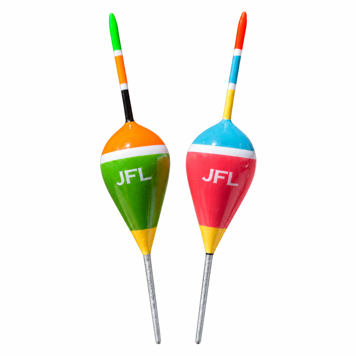 Two JUSTFISHINGLOL Top Floats in orange-green and blue-red-pink on a white background.
