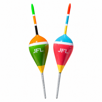 Two JUSTFISHINGLOL Top Floats in orange-green and blue-red-pink on a white background.