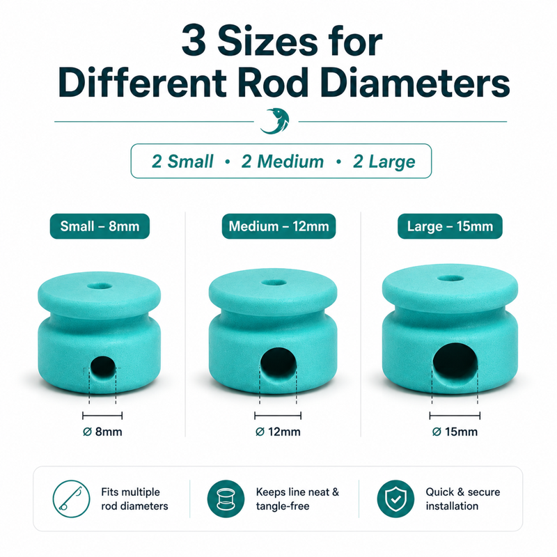Micro Fishing Line Keeper Set size chart showing 8mm 12mm and 15mm rod openings