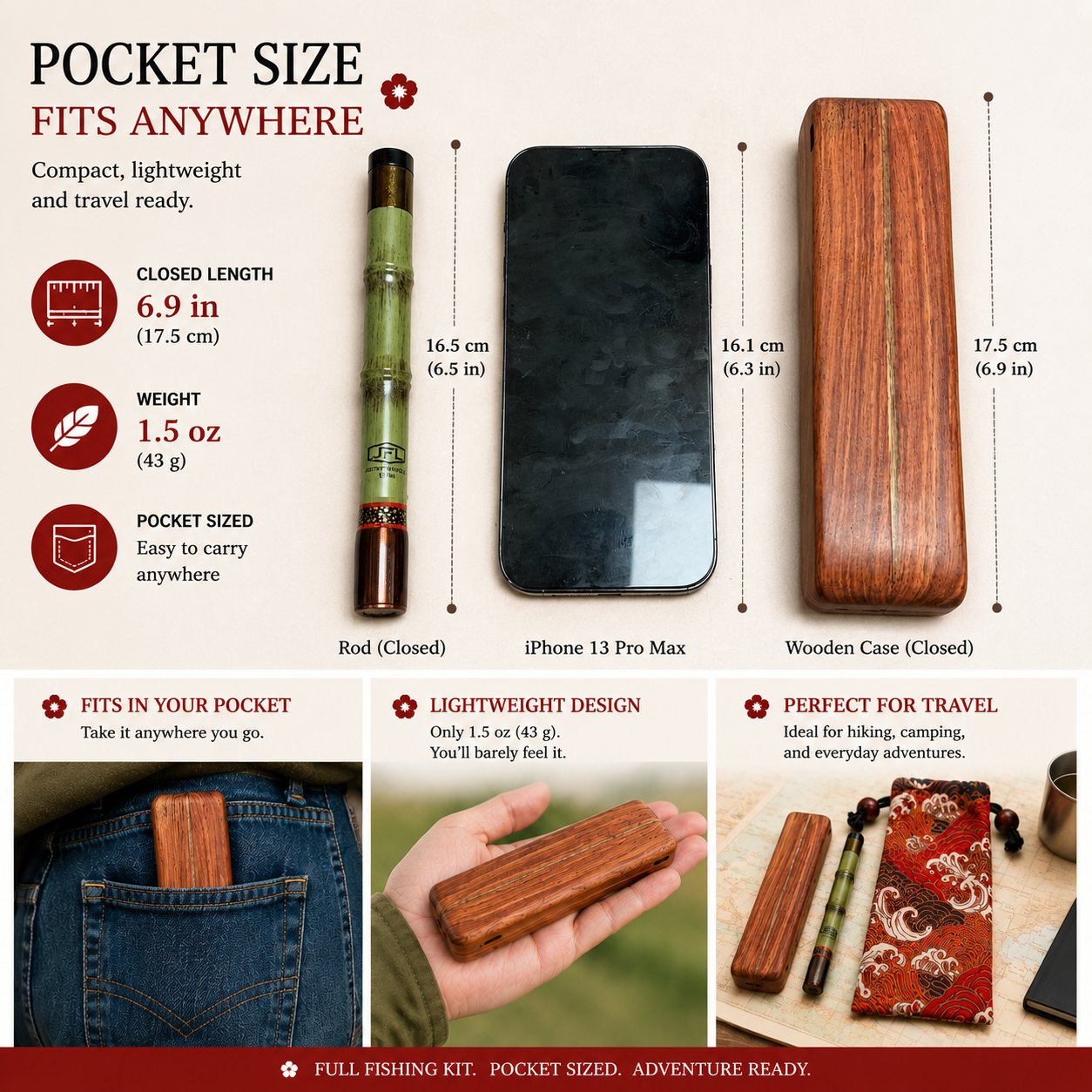 Sao Tabi pocket-size fishing kit shown with closed rod handle and wooden case