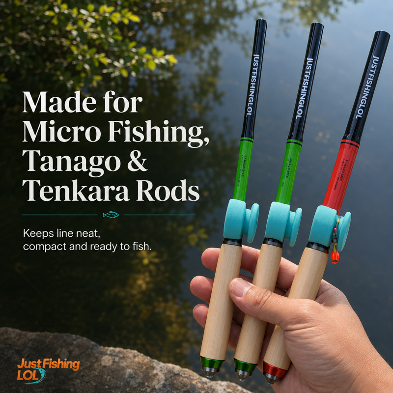 Tanago-style rods with aqua micro fishing line keepers shown near water for compatibility context