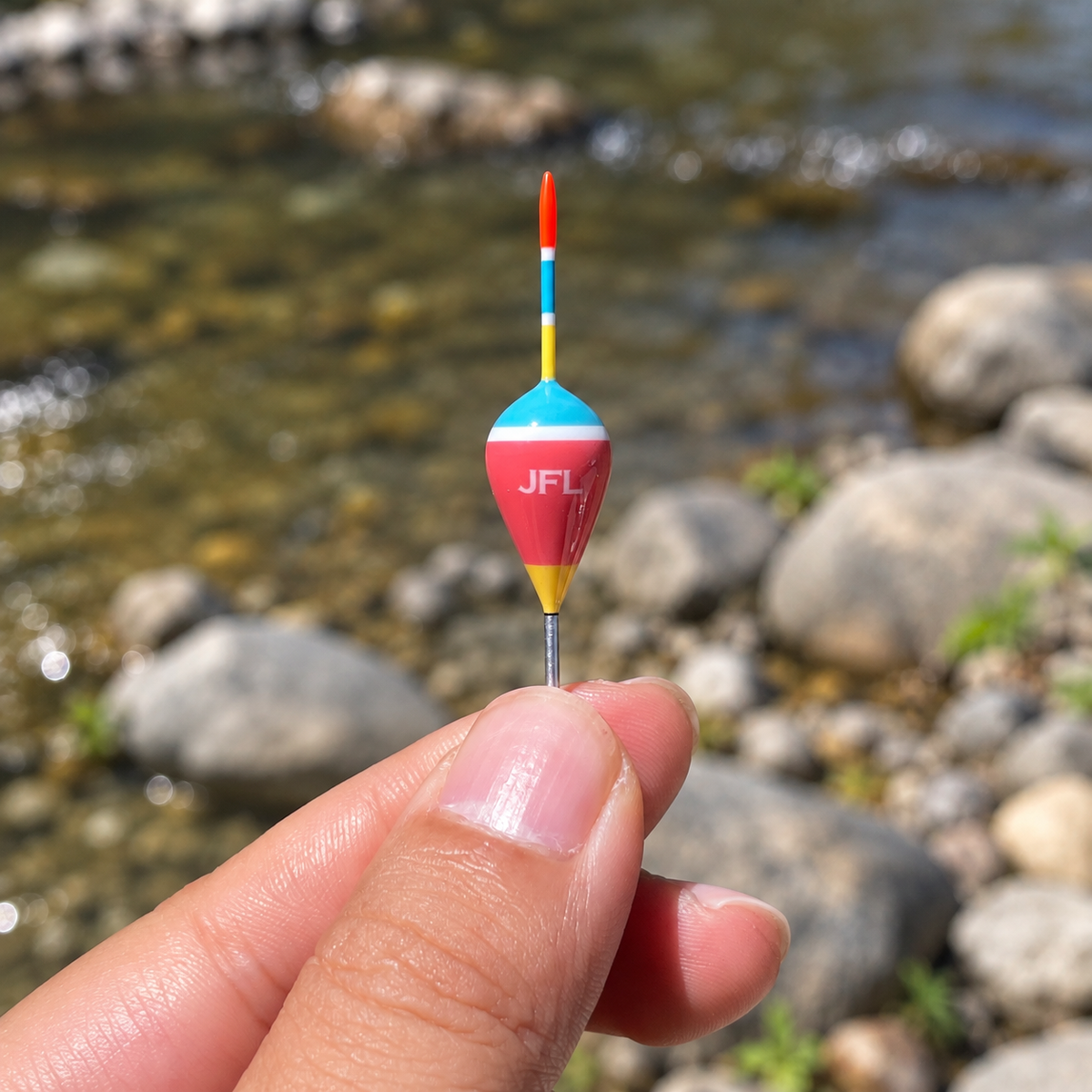 Handheld close-up of the blue and red-pink Top Float with its marked tip and JFL logo.