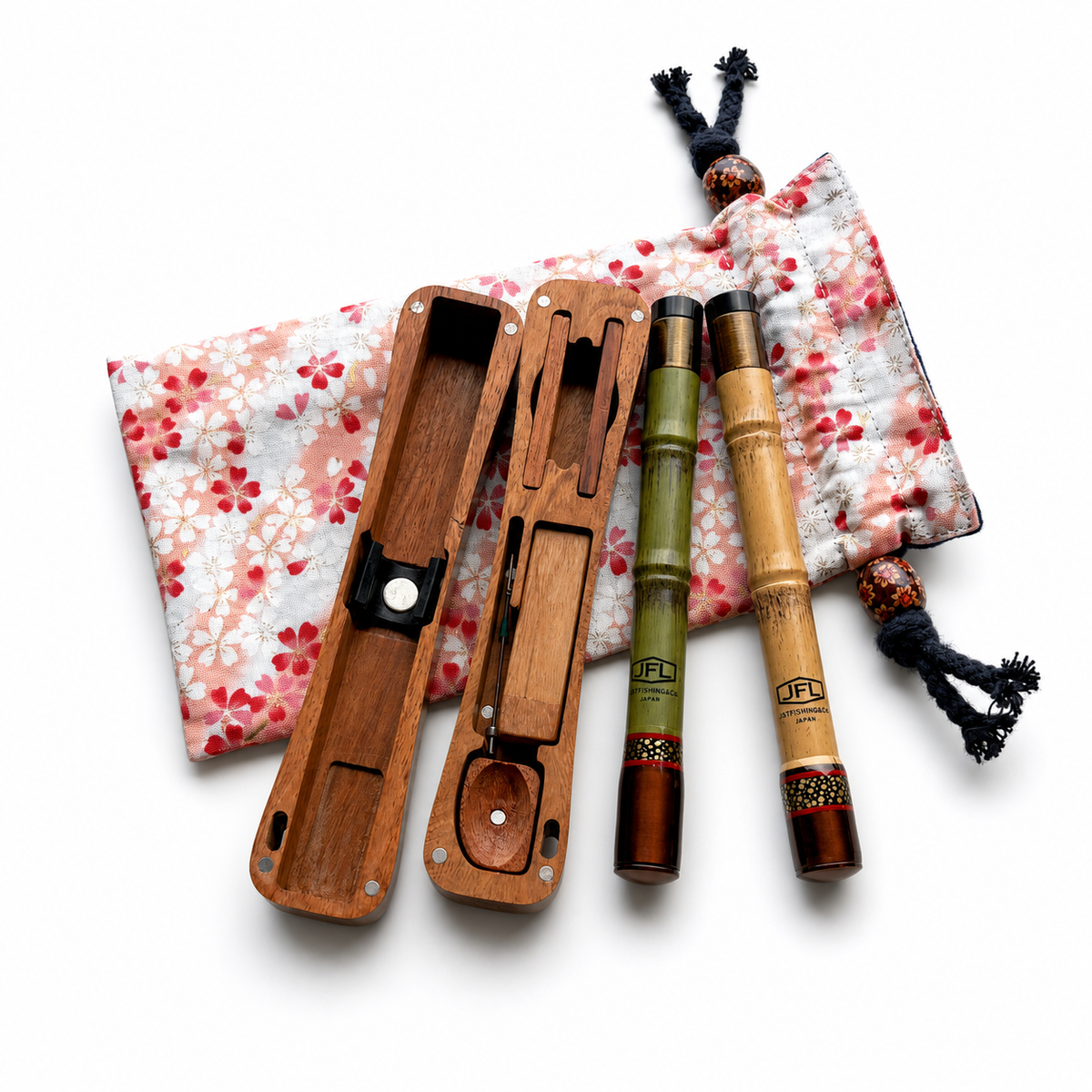 Sao Tabi pocket travel kit open in its wooden storage case