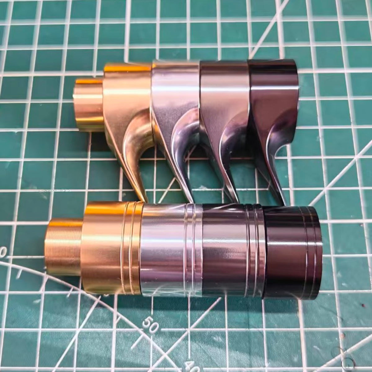 Hardware finish reference, left to right: Gold, Silver, Gunmetal and Black. Casting trigger hardware pictured.