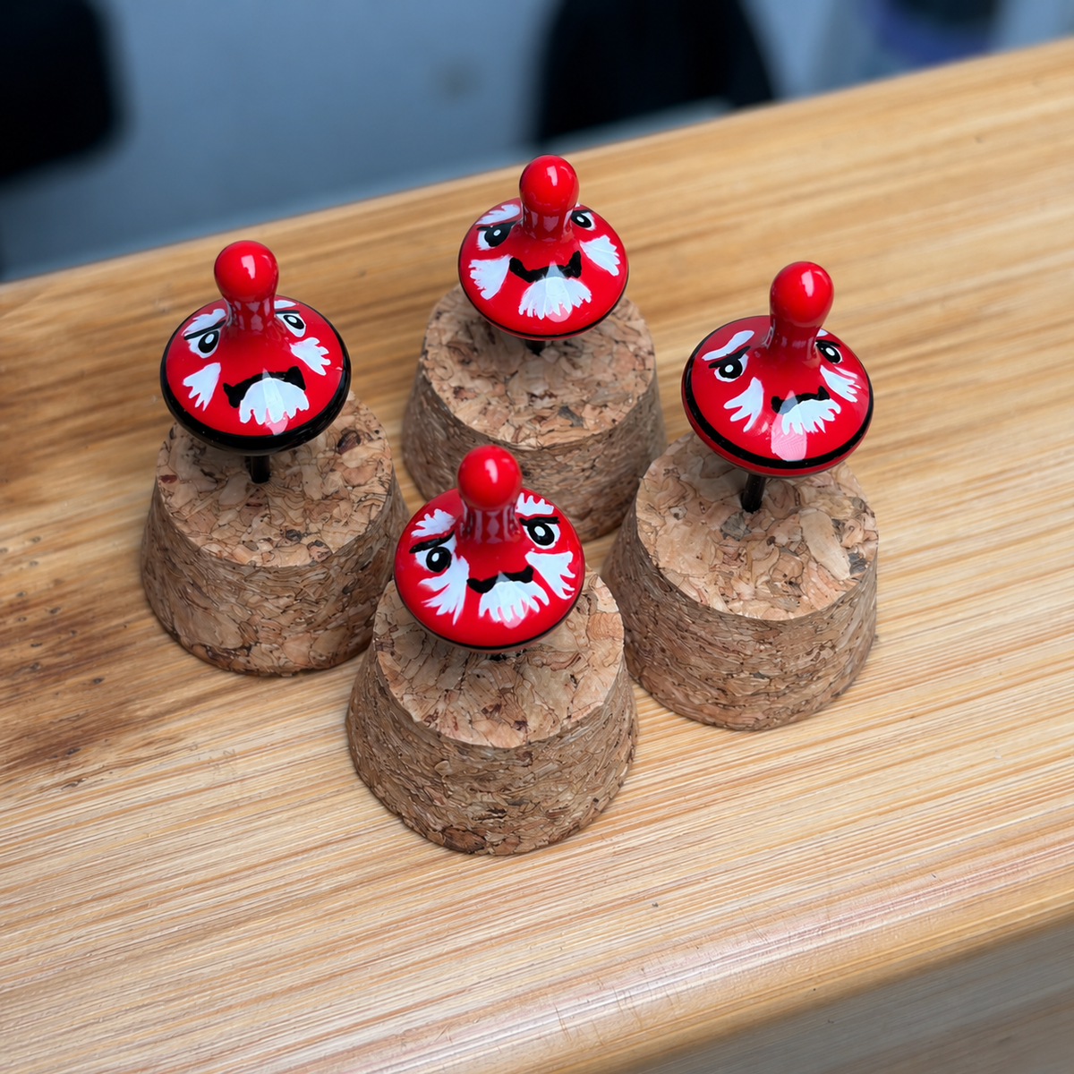 Red Daitengu handmade nano fishing floats with long-nosed faces; example products shown, sold individually.