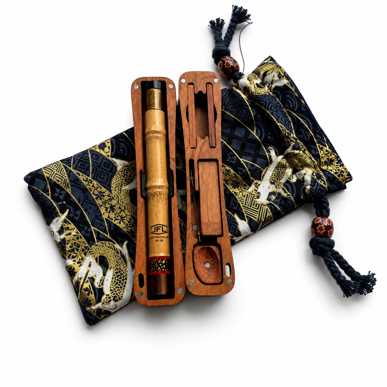Sao Tabi bamboo rod with dark blue Japanese pouch and wooden case