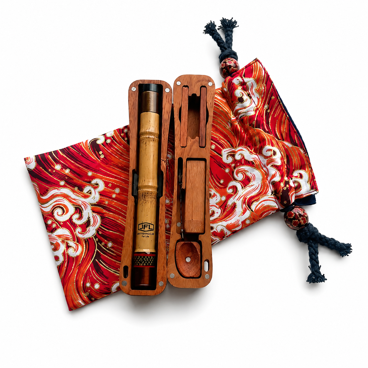 Sao Tabi bamboo rod with red Japanese pouch and wooden case